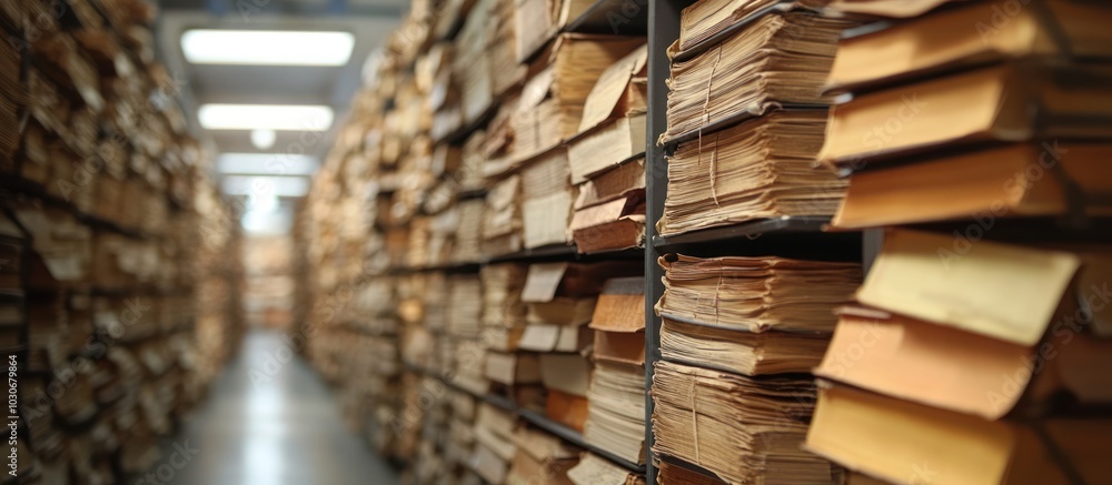 Fototapeta premium Stacks of old documents and folders in a large archive room, with a blurred background of more shelves and a bright light at the end of the hallway.