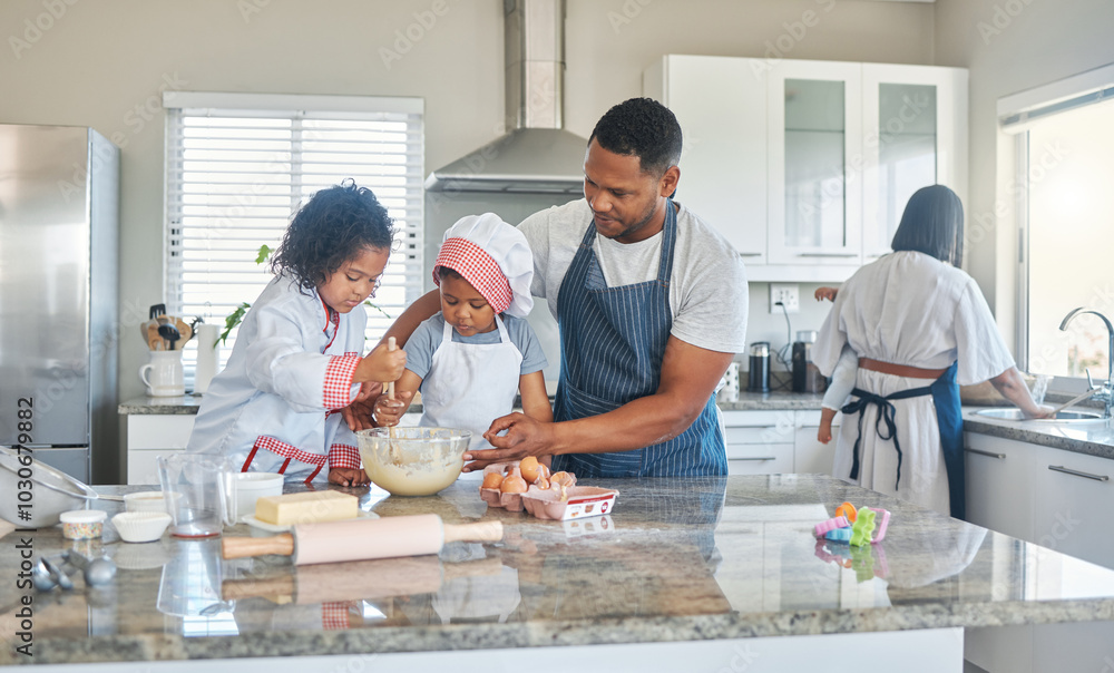 Family, children and mix dough for baking, teaching and help with flour in bowl. Mother, father and kids learning cooking with food for support, development and people prepare dessert in home kitchen Family, children and mix dough for baking, teaching and help with flour in bowl. Mother, father and kids learning cooking with food for support, development and people prepare dessert in home kitchen