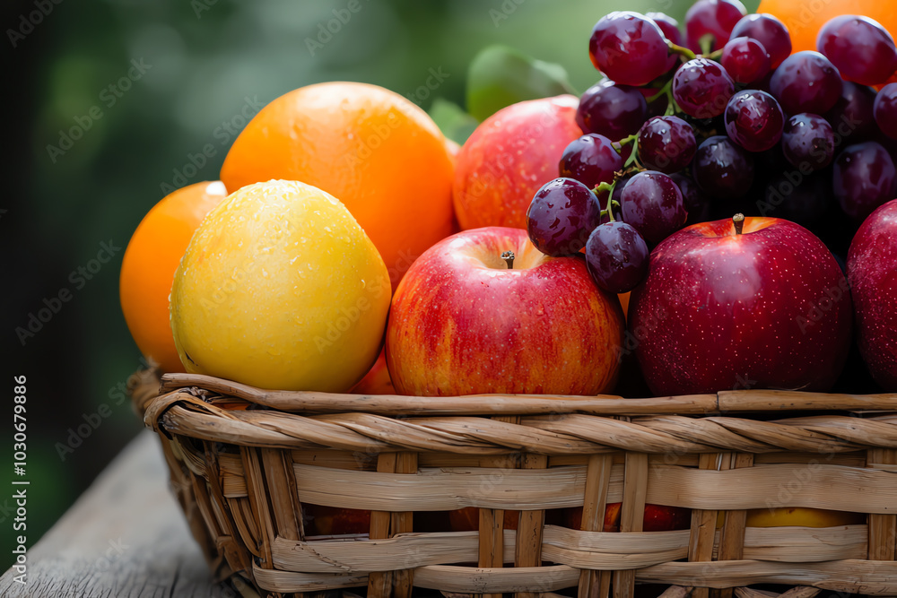 Fresh fruit basket with apples, grapes, oranges. Fresh fruit basket with apples, grapes, oranges.
