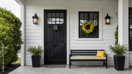Wallpaper Mural Charming modern front porch with black door, white siding, planters, yellow cushions, and greenery. Torontodigital.ca