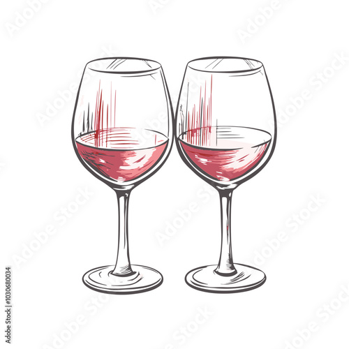 Valentine's Day wine glasses with red wine, romantic toast, hand-drawn style