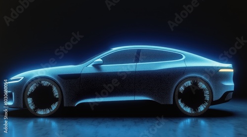 A sleek 3D rendering of an electric vehicle (EV) showcased from a dynamic angle. The car has a modern, aerodynamic design with smooth curves and sharp edges, glowing with energy-efficient lights.