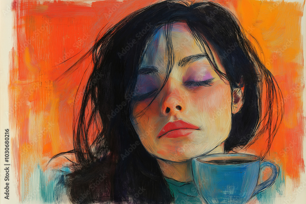 A sleepy girl with a cup of coffee, colorful pencil illustration for a magazine. Concept of rest, tiredness and coffee drinking
