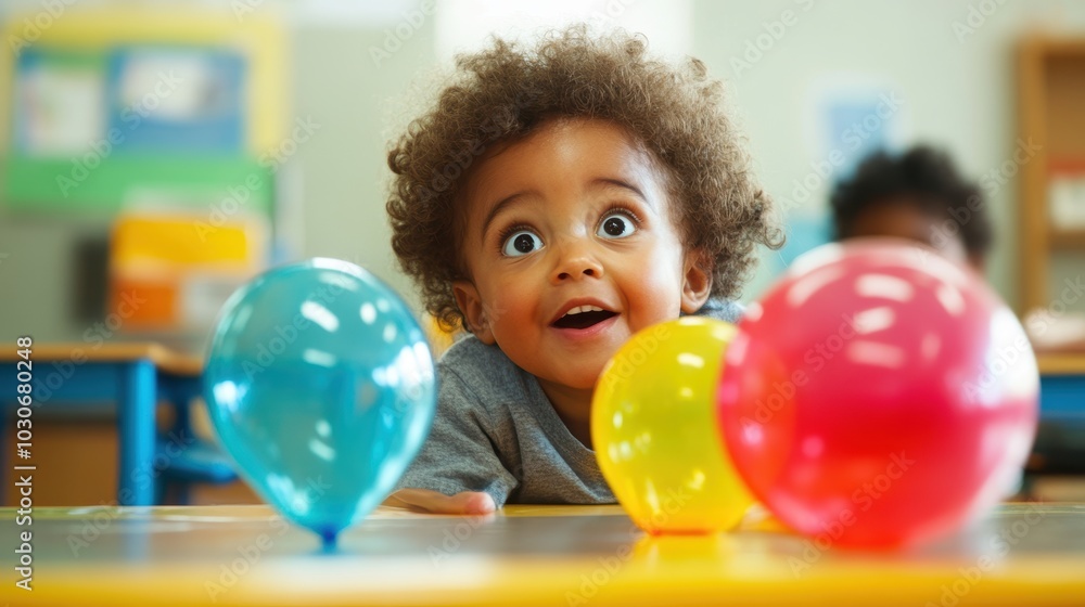 Obraz premium Young boy surprised by colorful balloons.