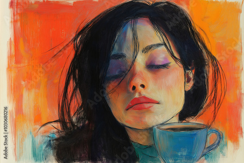 Obraz na płótnie A sleepy girl with a cup of coffee, colorful pencil illustration for a magazine. Concept of rest, tiredness and coffee drinking w salonie