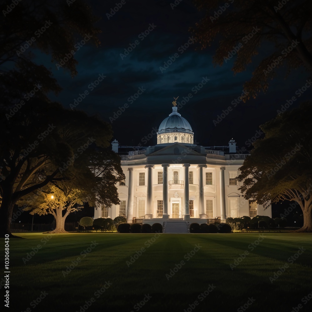 Naklejka premium Night View of the White House Illuminated by Soft Lighting