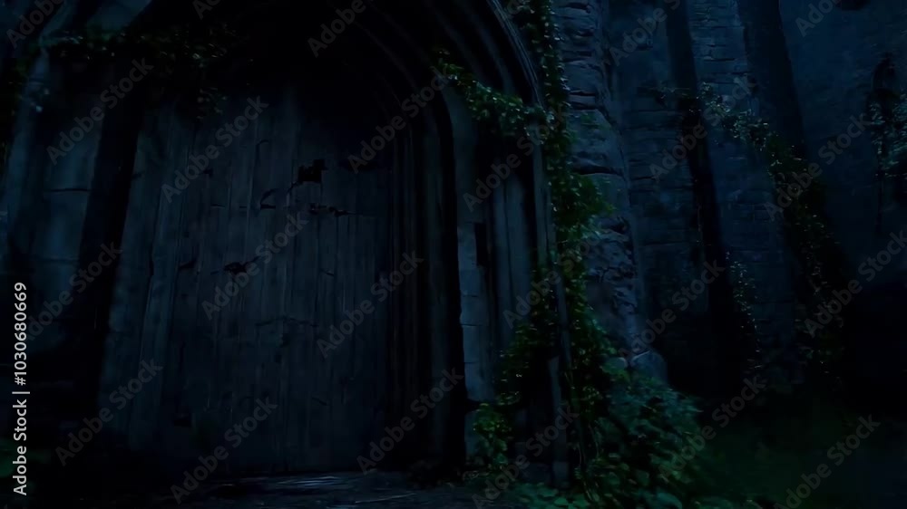 Rotting wooden door in a dark, abandoned castle, with crumbling stone walls and vines creeping through the cracks. Rotting wooden door in a dark, abandoned castle, with crumbling stone walls and vines creeping through the cracks.