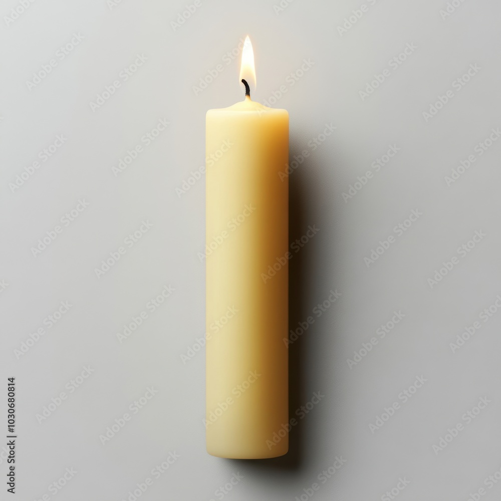 Single lit white candle with flame casting shadow on white wall Single lit white candle with flame casting shadow on white wall