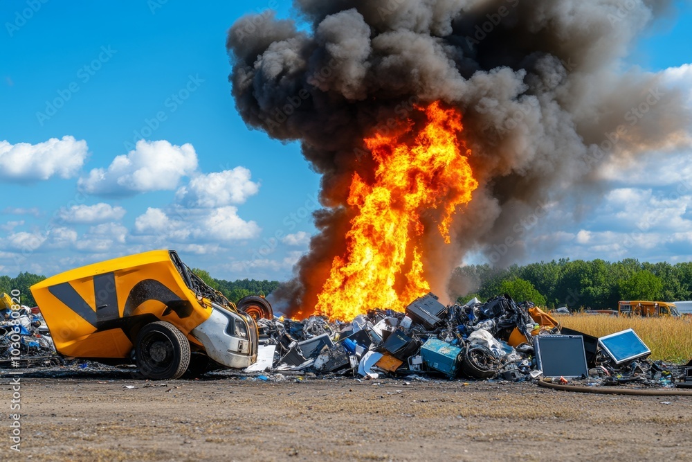 Old electronics and plastic trash in flames, sending up columns of smoke Old electronics and plastic trash in flames, sending up columns of smoke