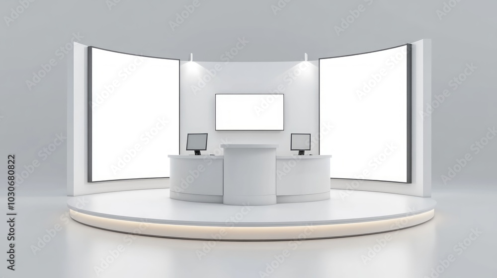Modern exhibition booth with blank screens for presentations and displays. Modern exhibition booth with blank screens for presentations and displays.