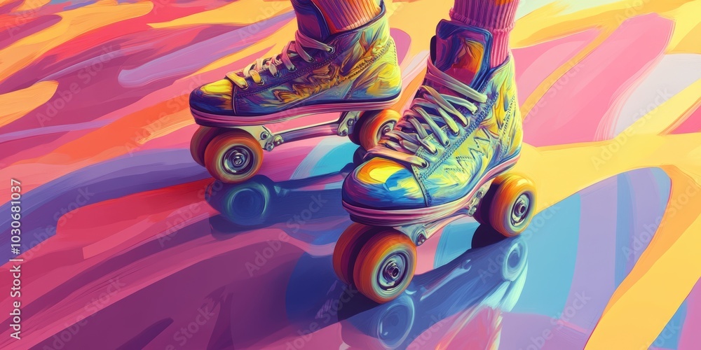 Colorful roller skates on vibrant background. Colorful roller skates on vibrant background.