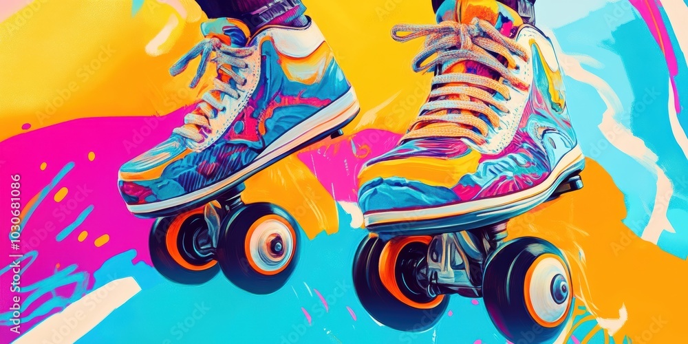 Naklejka premium Colorful roller skates on abstract background.