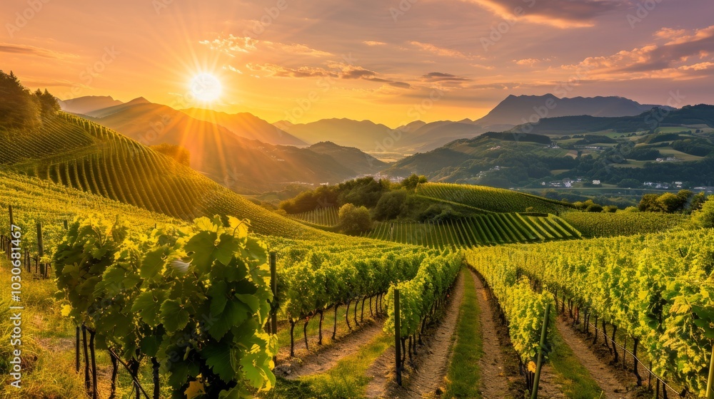 Fototapeta premium Captivating Austrian Alps: A Majestic Sunset over Vineyards and Mountain Valleys