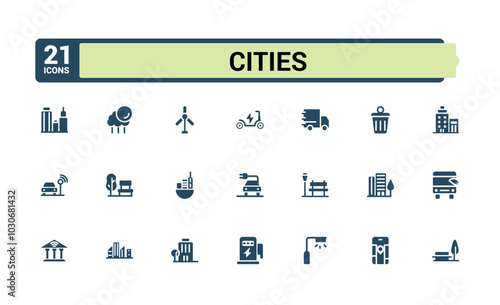 Set of solid web and ui icos for cities. Filled collection of smart sities, cloud computing, innovation business and transport glyph symbols. Pixel perfect icon pack.