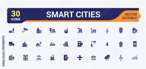 Smart city icon set solid style. Filled icon for autonomous building and home, cloud computing, innovation business and transport glyph symbols. Pixel perfect icon pack.