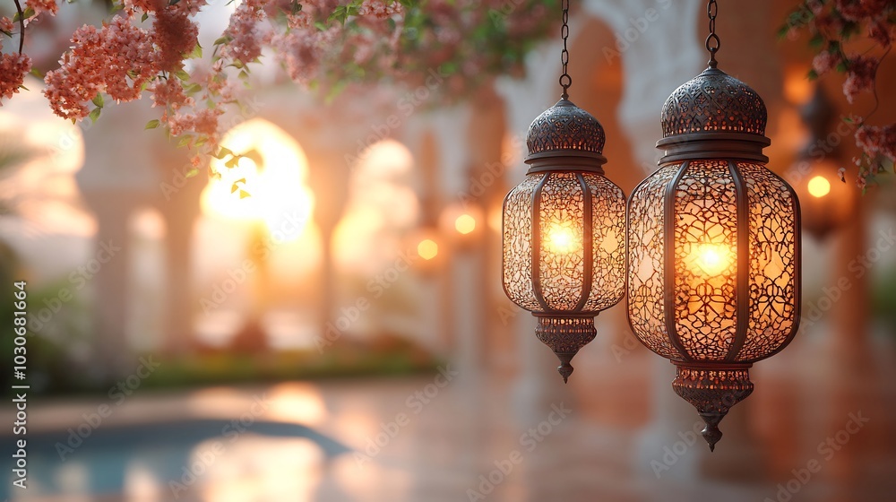 Serene Arabian backdrop featuring ornate white and gold lanterns hanging gracefully creating a luxurious feel The right side is left open for text making this ideal for Ramadan Kareem promotional use Serene Arabian backdrop featuring ornate white and gold lanterns hanging gracefully creating a luxurious feel The right side is left open for text making this ideal for Ramadan Kareem promotional use