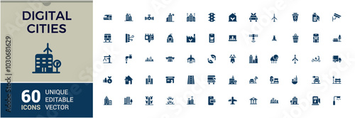 Digital city solid icons set with future digital urban, autonomous building, information communication technology and more. Editable filled icon collection. Pixel perfect.