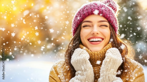 Front view headshot of a young woman happy outdoors while snowing in xmas time with copy space