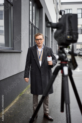 The journalist in glasses stands outside, confidently addressing the microphone photo