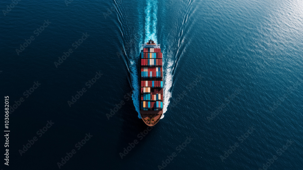 Aerial shot of a cargo ship filled with multi-colored containers cruising through calm ocean waters sunlight reflecting off the surface as it creates a wide wake Aerial shot of a cargo ship filled with multi-colored containers cruising through calm ocean waters sunlight reflecting off the surface as it creates a wide wake