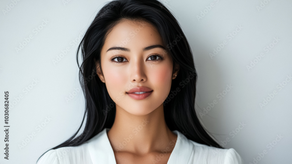 Beautiful East Asian woman with long black hair and a soft smile wearing a simple white blouse her features delicate against a bright white backdrop Beautiful East Asian woman with long black hair and a soft smile wearing a simple white blouse her features delicate against a bright white backdrop