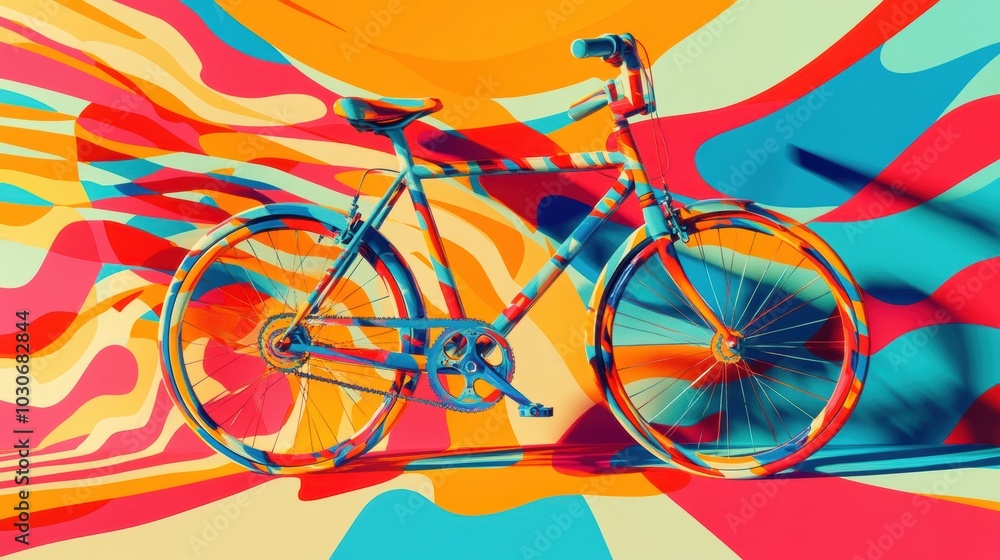 Fototapeta premium Colorful bicycle on abstract wavy background.