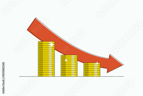 Money loss or recession concept. Stacks of gold coins with red decrease arrow. Vector illustration.