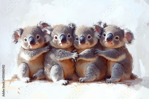 Obraz na płótnie Family of cute koalas cuddling together, oil strokes, drawing style. Children's illustration of animals. Wildlife, love, family w salonie