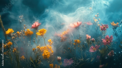 A field of wildflowers with a hazy, ethereal atmosphere, created by the effect of smoke or mist.