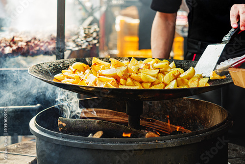 Man Mixing Fries at a Street Food Festival: Organic and Delicious Summer BBQ photo