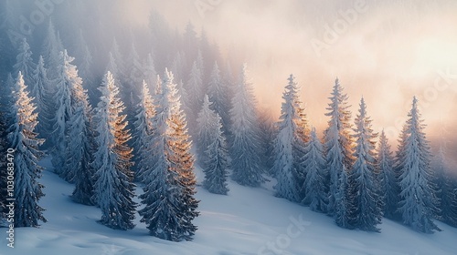 Enchanting Snow-Covered Evergreen Trees in a Serene Mountain Forest at Sunset