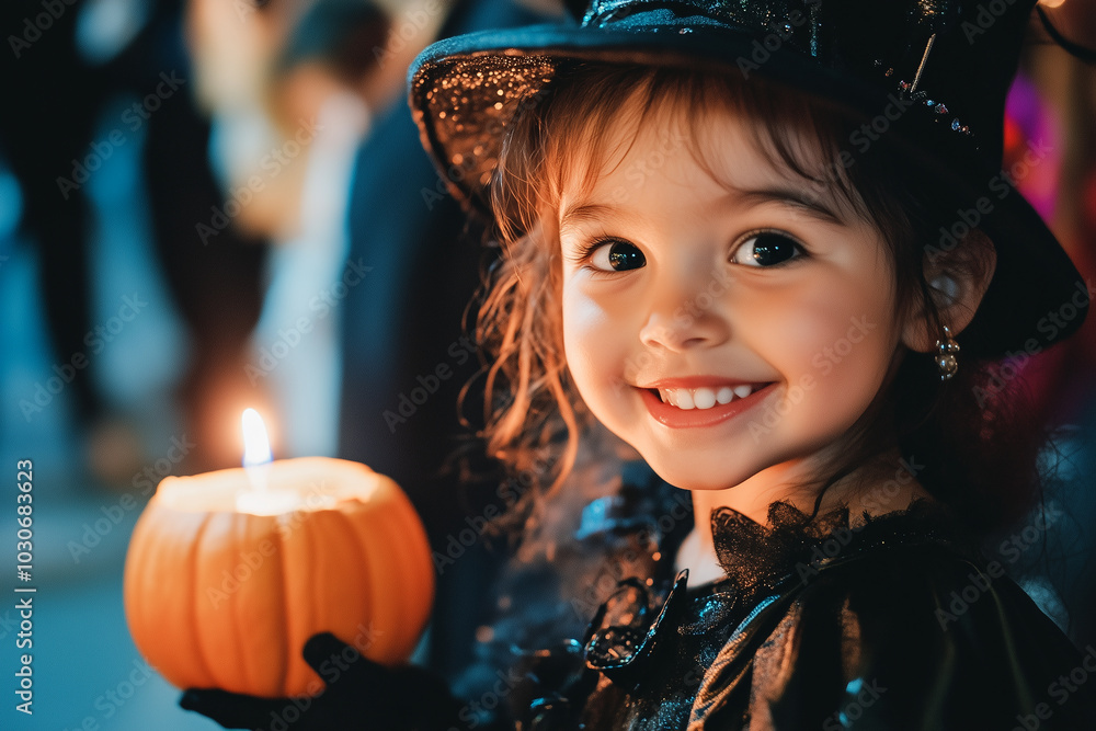 A young child holding a bucket of sweets carved pumpkins in the Halloween night theme against light bokeh background. A young child holding a bucket of sweets carved pumpkins in the Halloween night theme against light bokeh background.