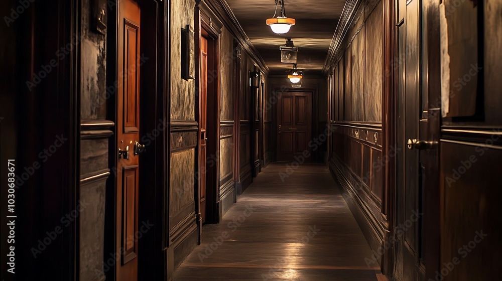 A dimly lit hallway with multiple closed wooden doors A dimly lit hallway with multiple closed wooden doors