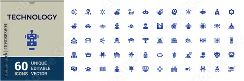 Technology web icons in solid style. Related to Future management, internet, network, programming and more. Editable filled icon collection. pixel perfect. Vector illustration.