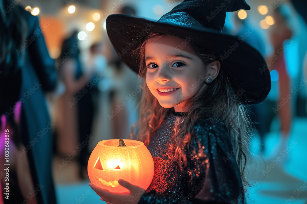 A young child holding a bucket of sweets carved pumpkins in the Halloween night theme against light bokeh background.