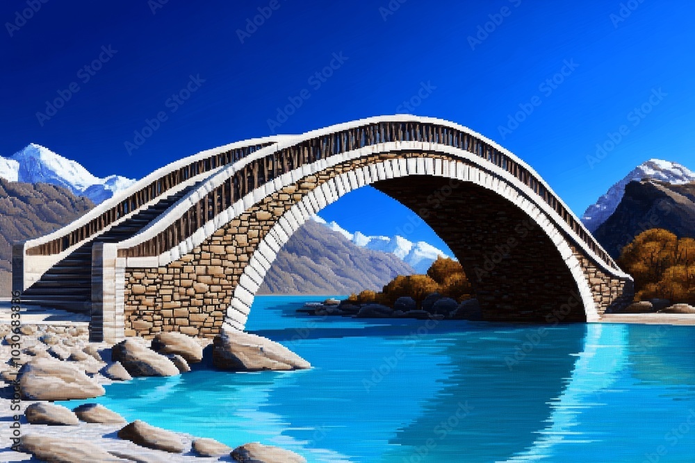 Fototapeta premium Pixel art version of an old stone bridge, crossing a pixelated river