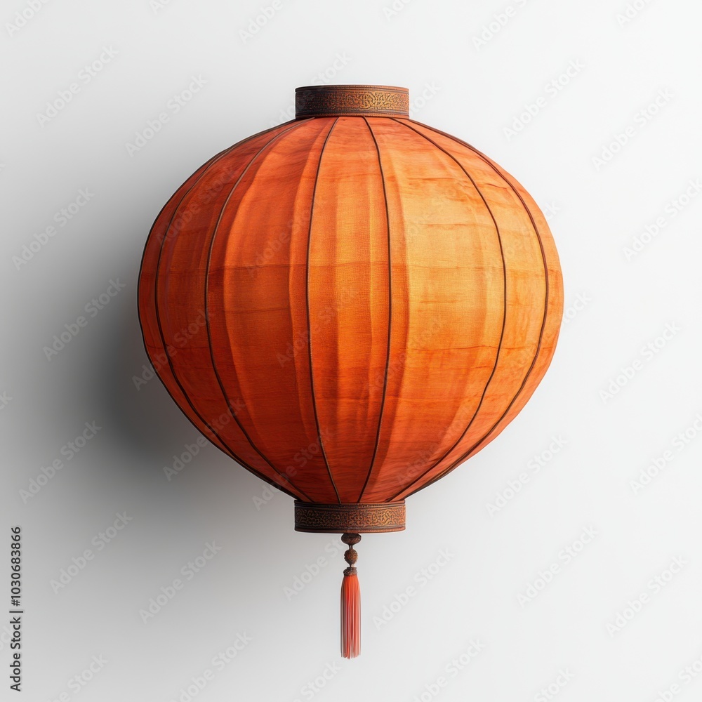Obraz premium Traditional orange paper lantern with tassel against white wall indoors