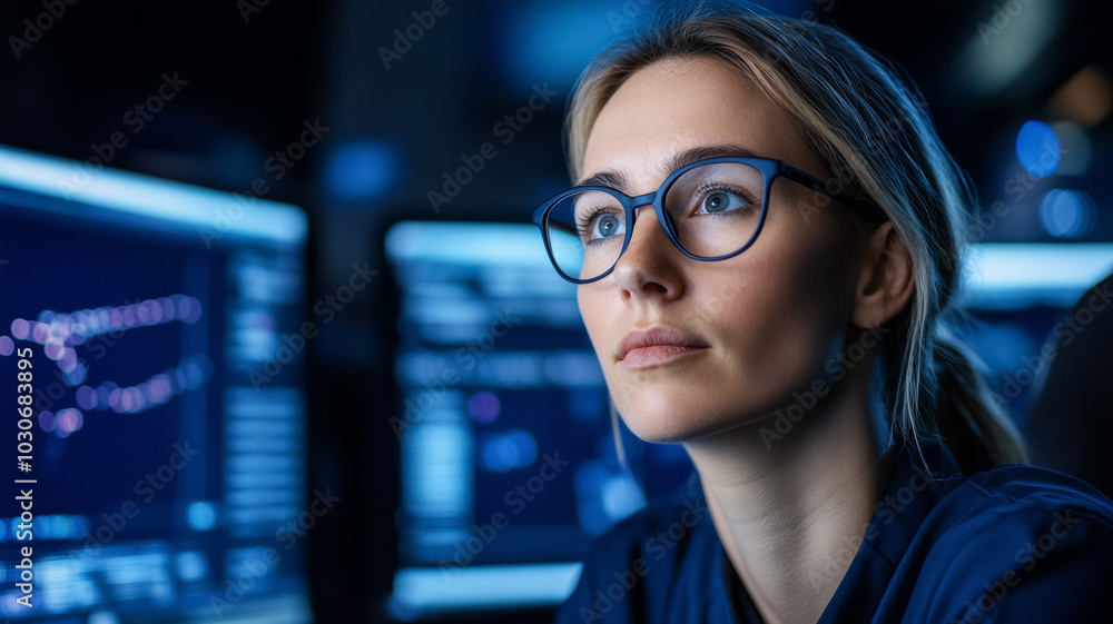 Female astrophysicist working in a dark observatory beside a massive telescope tracking distant stars and galaxies illuminated only by computer screens Female astrophysicist working in a dark observatory beside a massive telescope tracking distant stars and galaxies illuminated only by computer screens