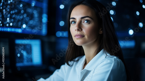 Female astrophysicist working in a dark observatory beside a massive telescope tracking distant stars and galaxies illuminated only by computer screens 