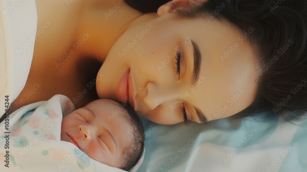 Mother holding newborn baby in bed showing love, care and affection, skin to skin Mother holding newborn baby in bed showing love, care and affection, skin to skin