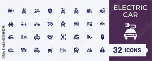 Set of solid icons related to electric car. Filled icon collection for web and ui. Editable flat Vector illustration. Pixel perfect icons pack.