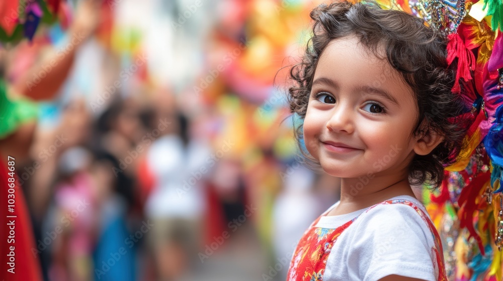 Smiling girl in colorful dress surrounded by vibrant decor. Smiling girl in colorful dress surrounded by vibrant decor.