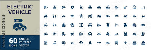 Electric vehicle solid icons set. Related to electric car, charging station, battery, e-car, electric scooter and more filled Icons collection. Editable and pixel perfect.