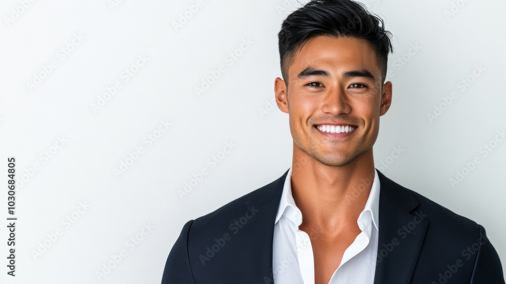 Handsome East Asian man smiling confidently with short black hair and a sharp jawline dressed in a sleek dark blazer isolated on a white background Handsome East Asian man smiling confidently with short black hair and a sharp jawline dressed in a sleek dark blazer isolated on a white background