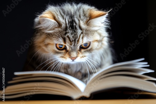 Professor cat with messy fur, deeply focused on reading a thick book