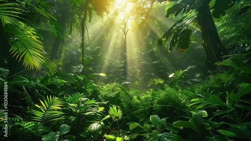 A lush green forest with sunlight filtering through the trees, emphasizing the necessity of environmental conservation and the preservation of natural habitats for biodiversity. Realistic photo. High