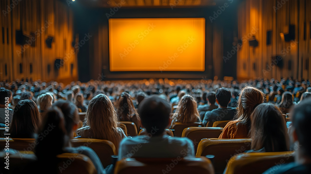 Audience watching a movie in a cinema with a bright screen. Audience watching a movie in a cinema with a bright screen.