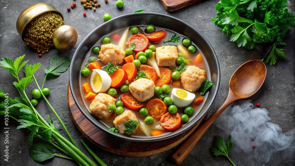 Hearty Vegetable Soup with Chicken Balls and Egg Tofu in a Gray Bowl on Concrete Table Hearty Vegetable Soup with Chicken Balls and Egg Tofu in a Gray Bowl on Concrete Table