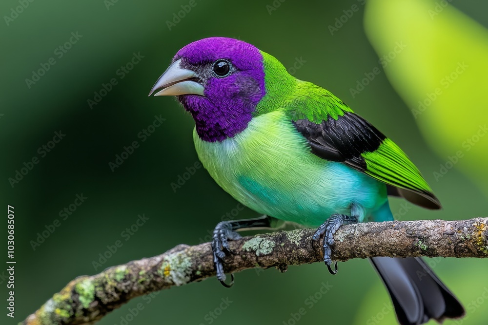 Rare green and purple bird singing on a sunlit branch Rare green and purple bird singing on a sunlit branch