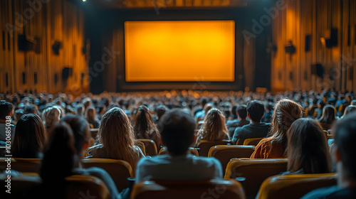 Audience watching a movie in a cinema with a bright screen.